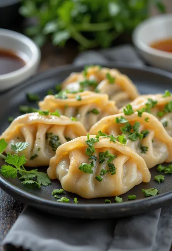 Gyoza cmoki s špinačo, postreženi s svežim koriandrom