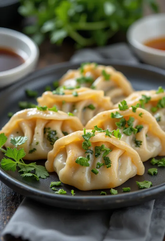 Gyoza cmoki s špinačo, postreženi s svežim koriandrom