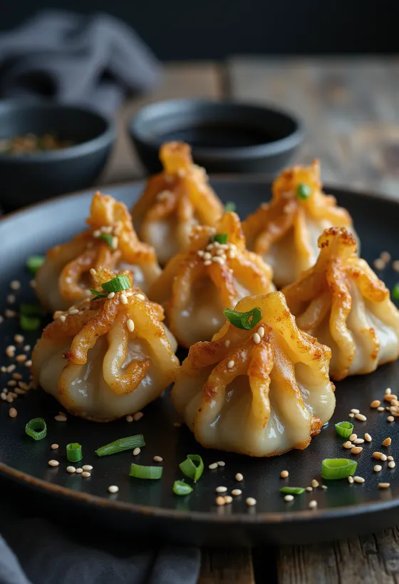 Kimči mandu, sveže postrežen s sezamom in koriandrom