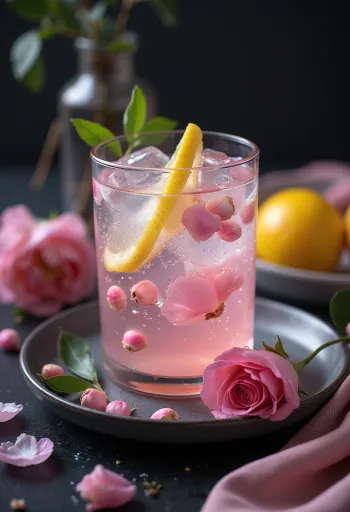 Limonada z rožno vodo, postrežena v kozarcu