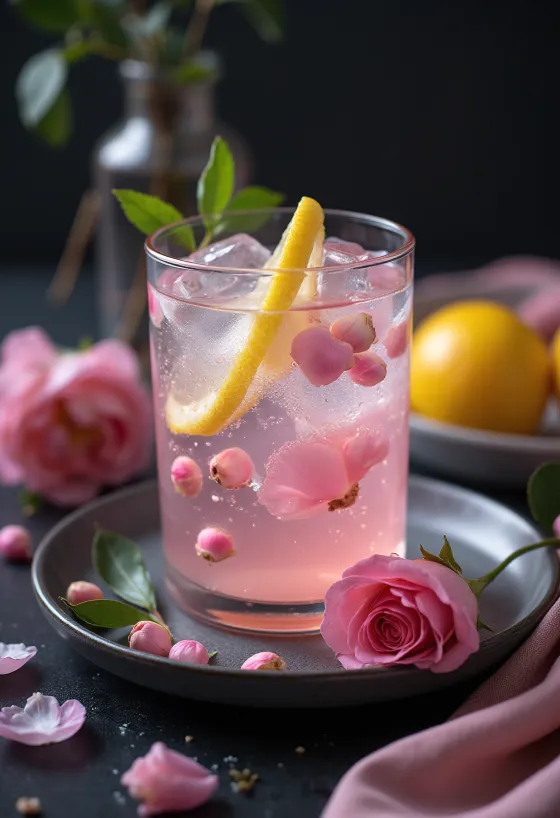 Limonada z rožno vodo, postrežena v kozarcu
