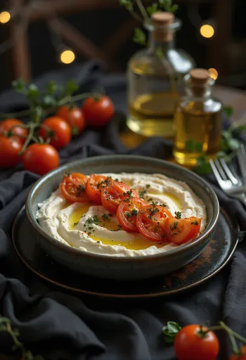 Tirokafteri s pečenim paradižnikom, postrežen s svežo kremo iz fete
