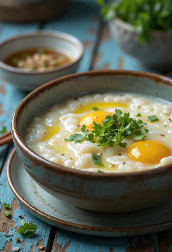 Riževa kaša (Congee) z jajci, bogata z jajčnim, ingverjevim okusom