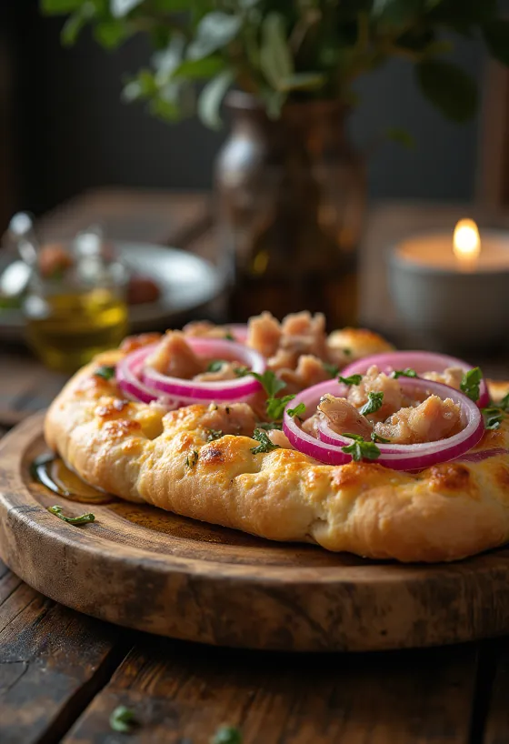 Fokača s tuno in rdečo čebulo, postrežena