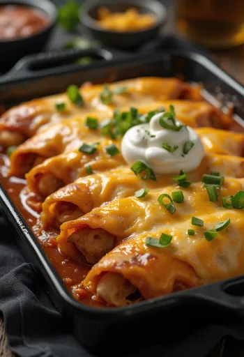 Enchilada s piščancem, v tortilli, s topljenim sirom, postrežena v paradižnikovi omaki