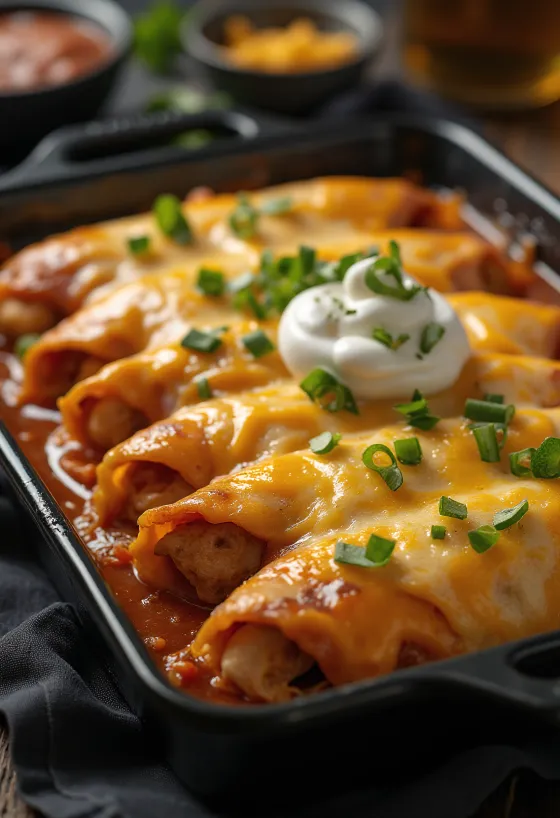 Enchilada s piščancem, v tortilli, s topljenim sirom, postrežena v paradižnikovi omaki