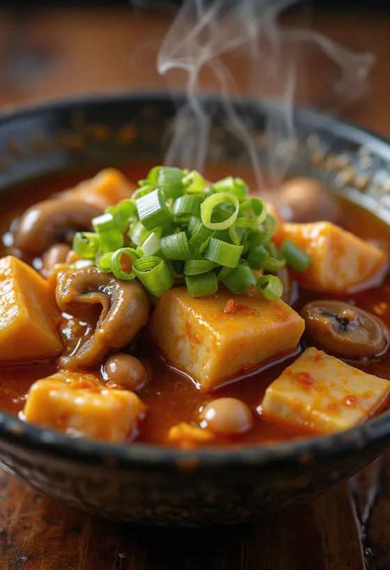 Začinjena tofu Yukgaejang juha z gobami enoki in zelenjavo