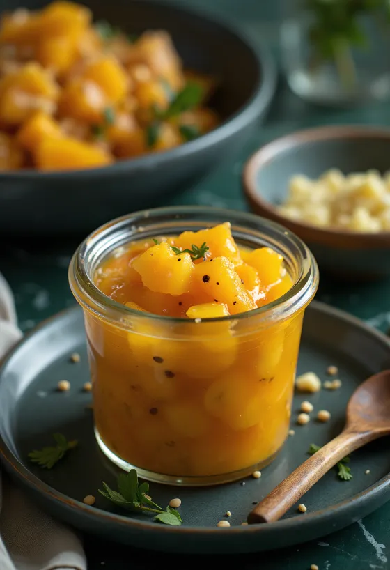 Mango chutney, v steklenem kozarcu, pripravljen iz svežega manga in z začimbami