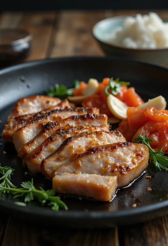 Samgyeopsal, korejska svinjska trebuševina, postrežena