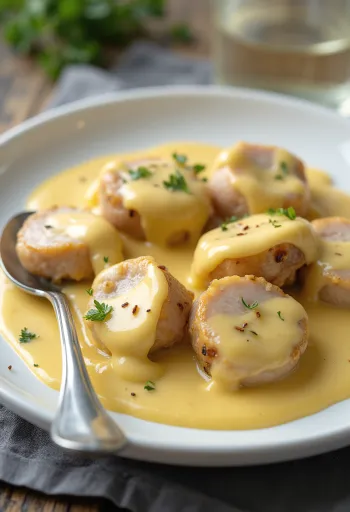 Svinjska ribica postrežena z omako in prilogo