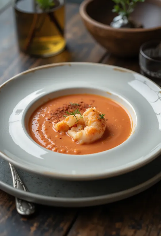 Bisque z jastogom, bogata smetanova juha z morskimi sadeži, oranžne barve.