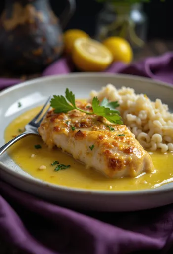 Citronski piščanec postrežen s svežimi rezinami limone in zelišči.