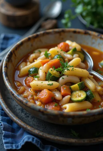 Minestrone juha s testeninami, veliko zelenjave, krompirjem in fižolom