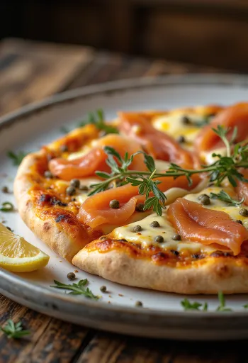 Pizza à la Norvégienne z dimljenim lososom, kaprami in kislo smetano