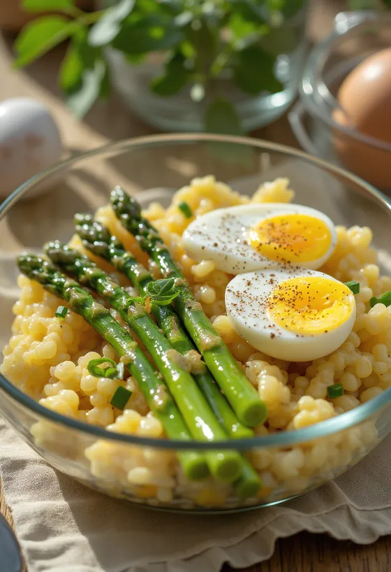 Prebiotična solata s šparglji in jajci, postrežena z rukolo, rdečo čebulo in limoninim prelivom