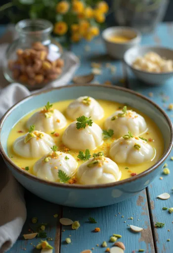 Rasmalai z žafranom, indijska sladica na mlečni osnovi, okrašena s praženimi mandlji in pistacijami