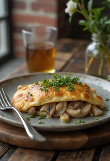 Calzone s smetano, gobami in čebulo na krožniku