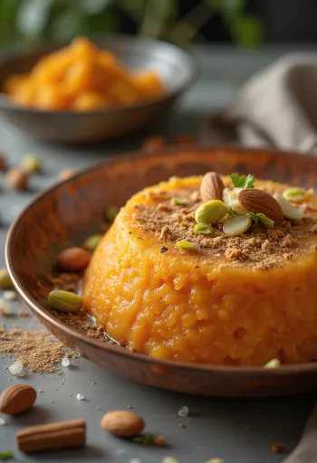 Gajar ka Halwa s khoyo, okrašena s pistacijami in mandlji