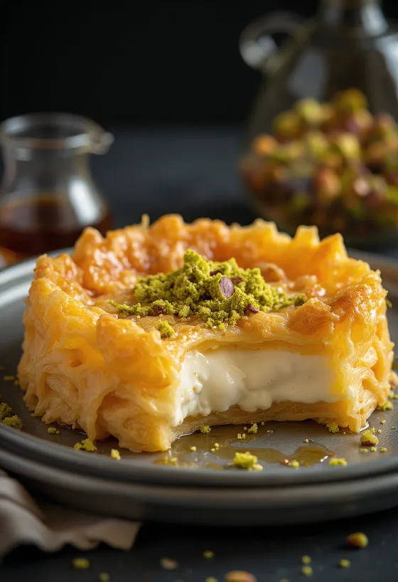 Knafeh z ashta kremo, hrustljava zlato rjava plast testa in okras iz pistacij