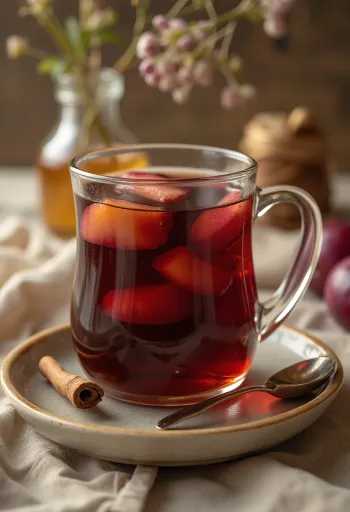 Vroč slivov čaj, postrežen v kozarcu