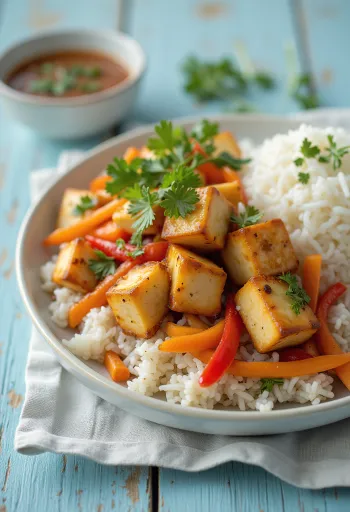 Začinjen tofu z zelenjavo in rižem postrežen