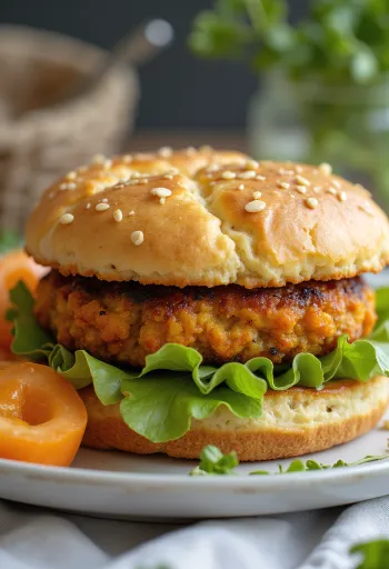 Prebiotični zelenjavni burger, postrežen s svežo zelenjavo in v polnozrnati bombeti