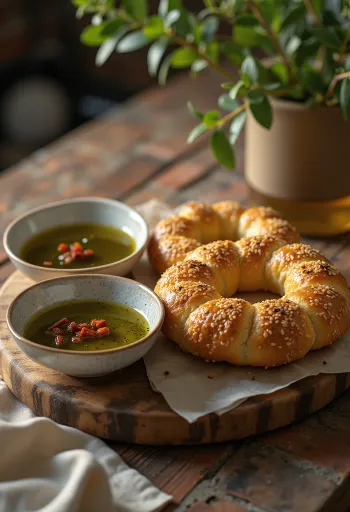 Simit z začinjenim oljčnim oljem, okras iz svežega peteršilja