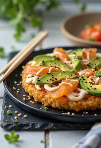 Sushi pizza z japonsko riževo osnovo, lososom in avokadom