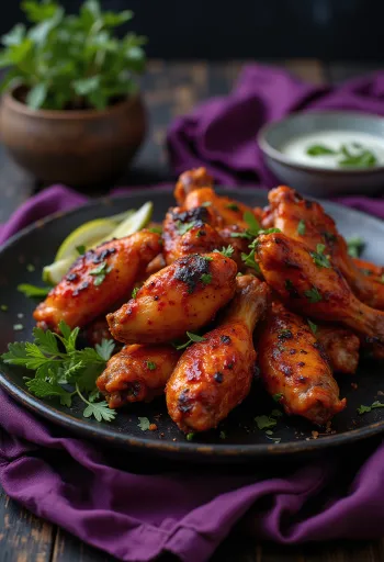 Tandoori piščančja krilca, prekrita z začinjeno rdečkasto glazuro, pečena, postrežena