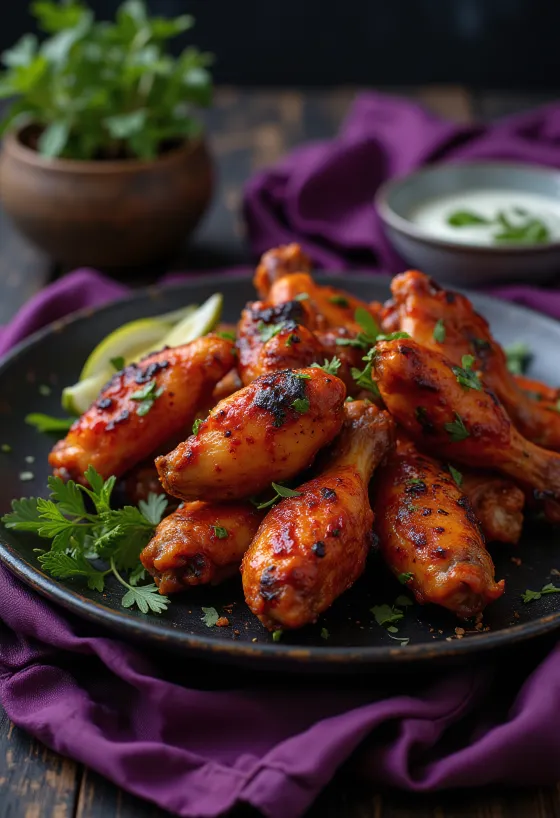 Tandoori piščančja krilca, prekrita z začinjeno rdečkasto glazuro, pečena, postrežena