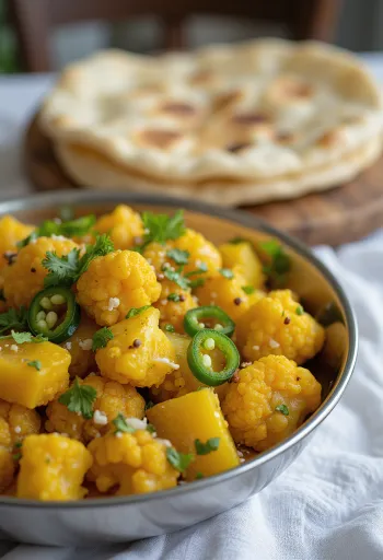 Aloo gobi s čilijem, postrežen s svežim koriandrom