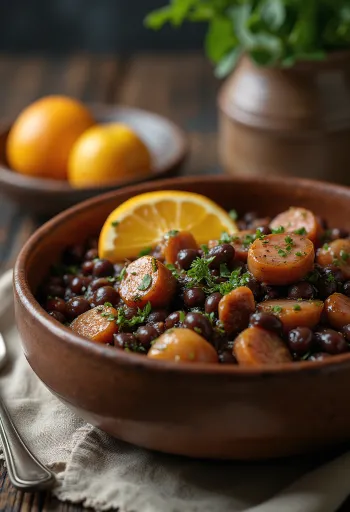 Feijoada s prekajeno klobaso, okrašena z rižem in koriandrom