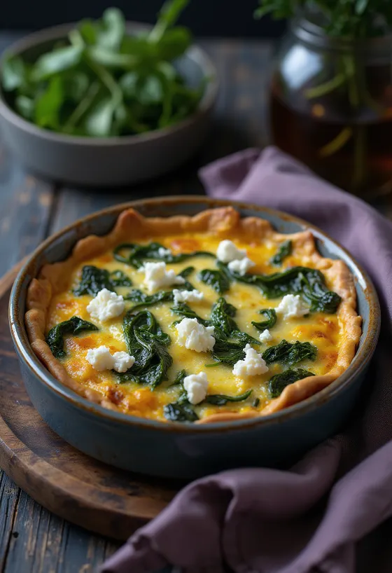 Sveže pečen quiche s kozjim sirom in špinačo