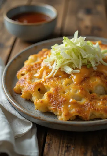 Okonomijaki s tofujem, enakomerno pečen, postrežen s svežim zeljem in koščki tofuja