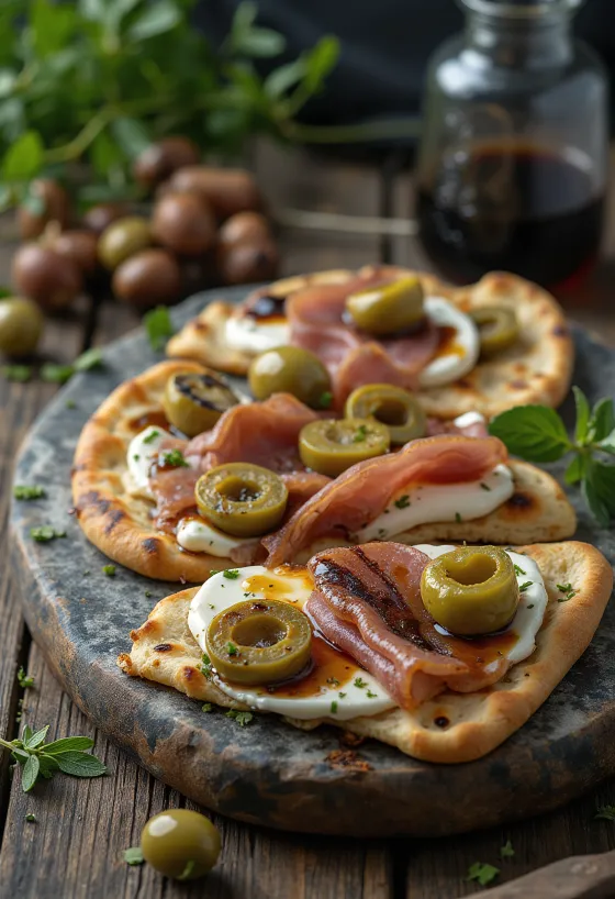 Piadina s šunko in zelenimi olivami, postrežena