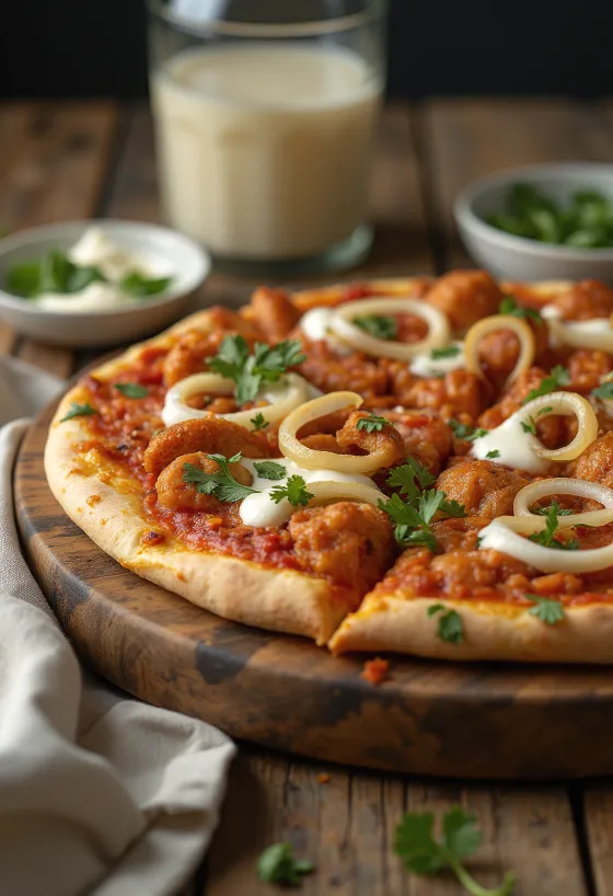Tandoori chicken pizza z indijskimi začimbami in koriandrom