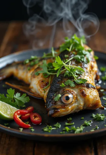 Ikan Bakar s skušo, riba na žaru, postrežena s sojino omako in svežim koriandrom