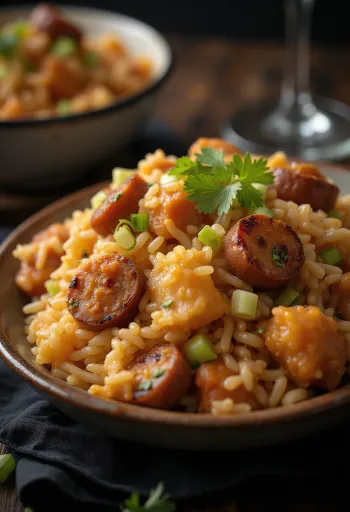 Jambalaya z mesom in klobaso, riževa enolončnica z bogatimi začimbami