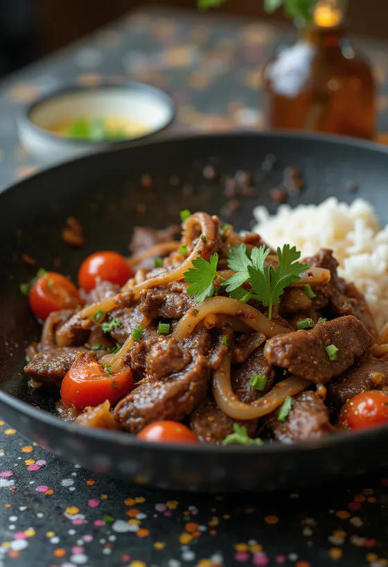 Lomo saltado z brezglutensko sojino omako, postrežen s svežo zelenjavo in govedino