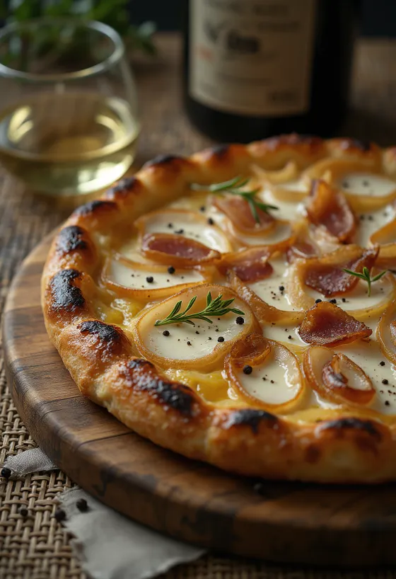 Tarte flambée s kislo smetano, čebulo in slanino