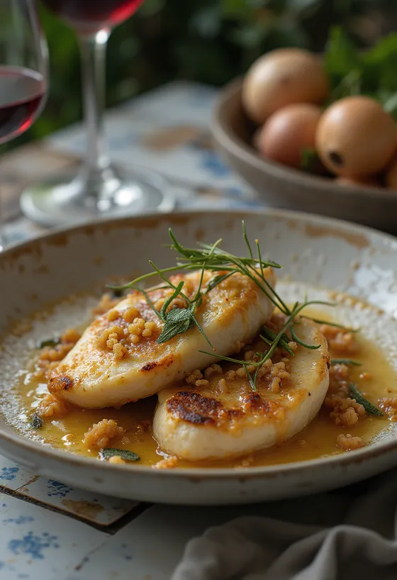 Saltimbocca iz teletine, postrežena z žajbljevo masleno omako in pršutom, na elegantnem krožniku