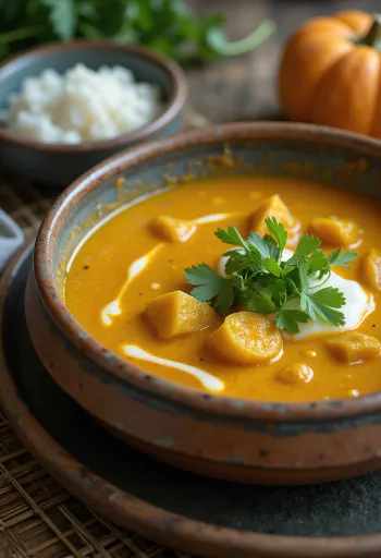 Bučni kari (curry), postrežen s koriandrom