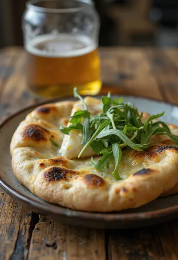 Postrežen naan kruh s kozjim sirom in rukolo