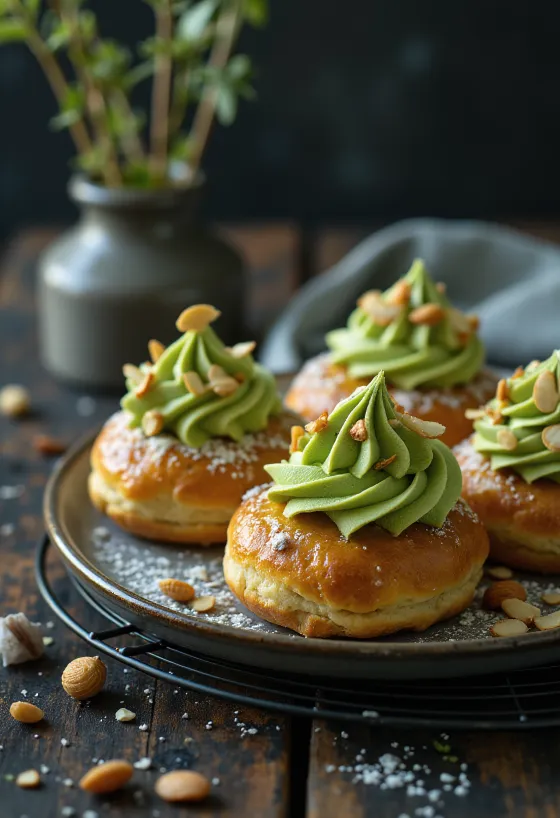 Semlor z matcha kremo, postrežen