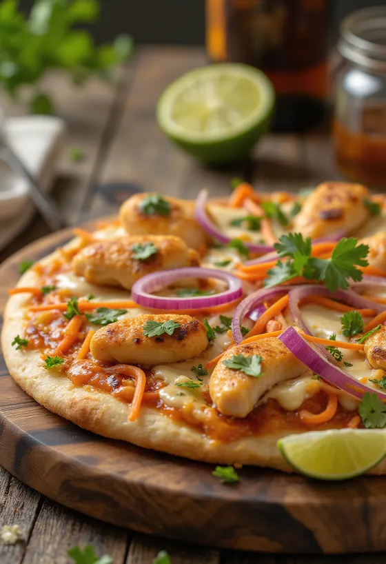 Thai chicken pizza z arašidovo omako in koriandrom