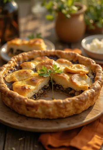Kremasta gobova veganska pita narezana na kose