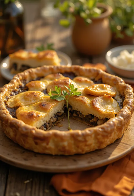 Kremasta gobova veganska pita narezana na kose