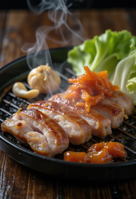 Samgyeopsal postrežen z listi solate in kimčijem