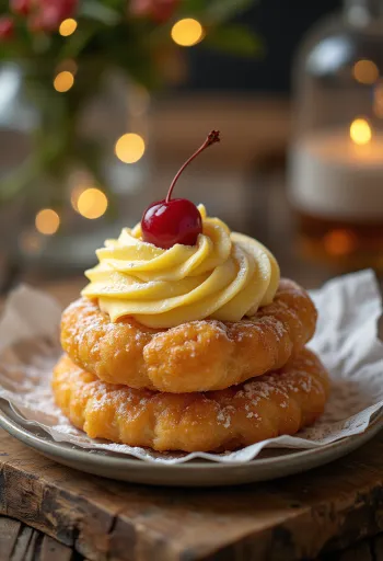Zeppole z vanilijevo kremo, sveže, zlato rjavo pecivo, polnjeno z vanilijevo kremo