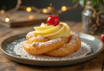 Zeppole z vanilijevo kremo, sveže, zlato rjavo pecivo, polnjeno z vanilijevo kremo